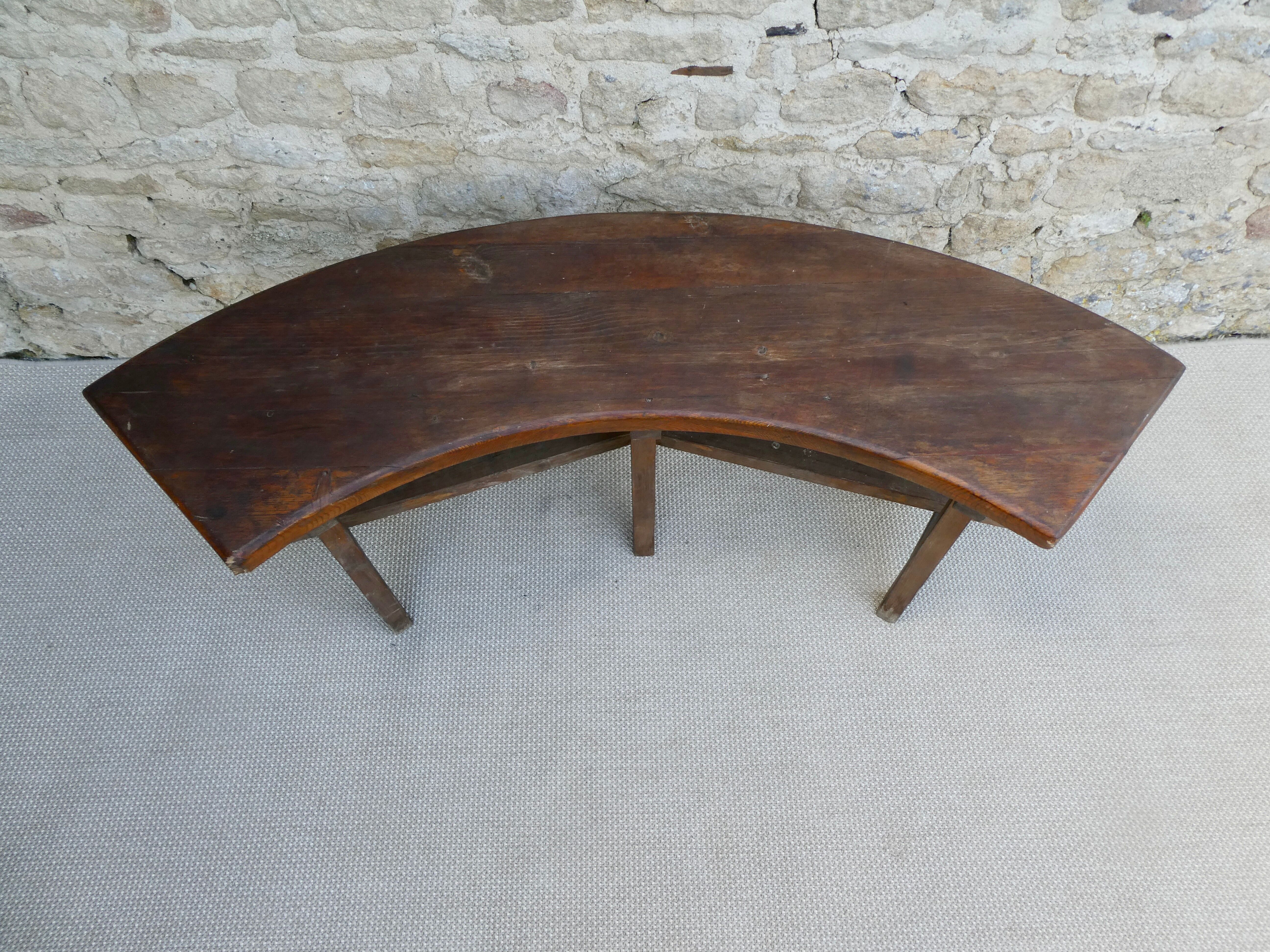 Curved solid wood bench, 70s