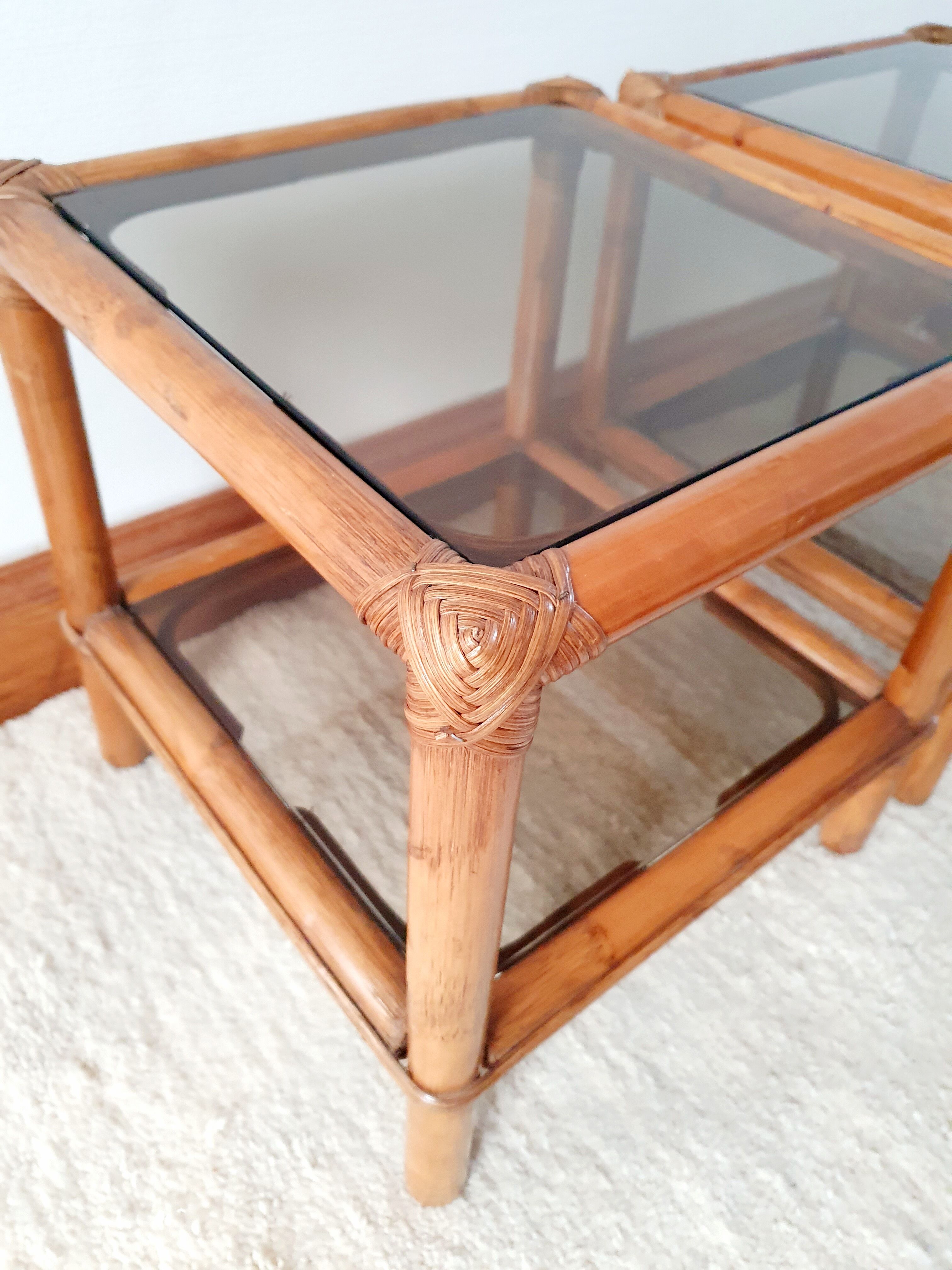 Pair of rattan bedside tables and smoked glass 1970