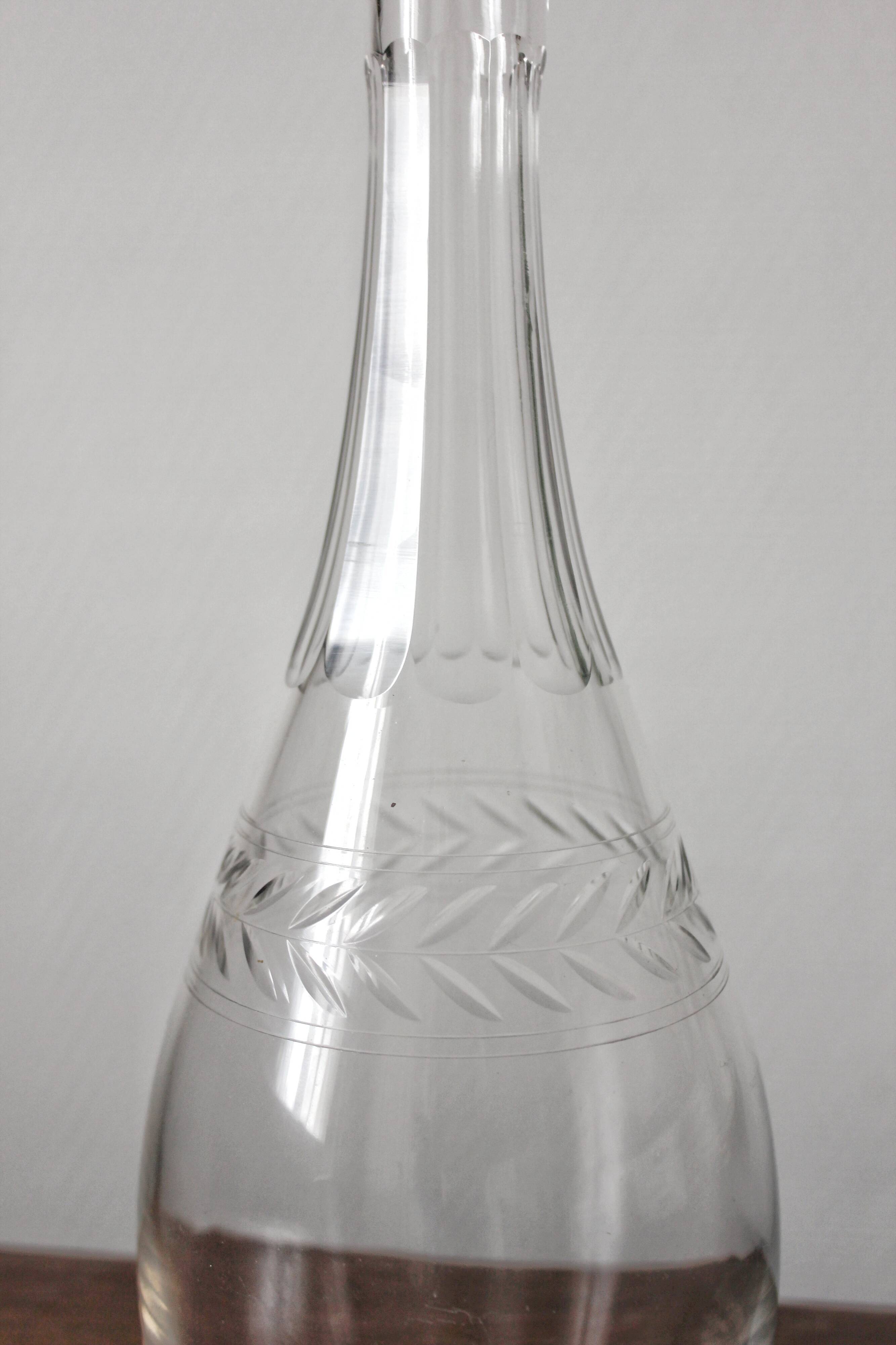 Antique crystal carafe engraved with a laurel leaf frieze