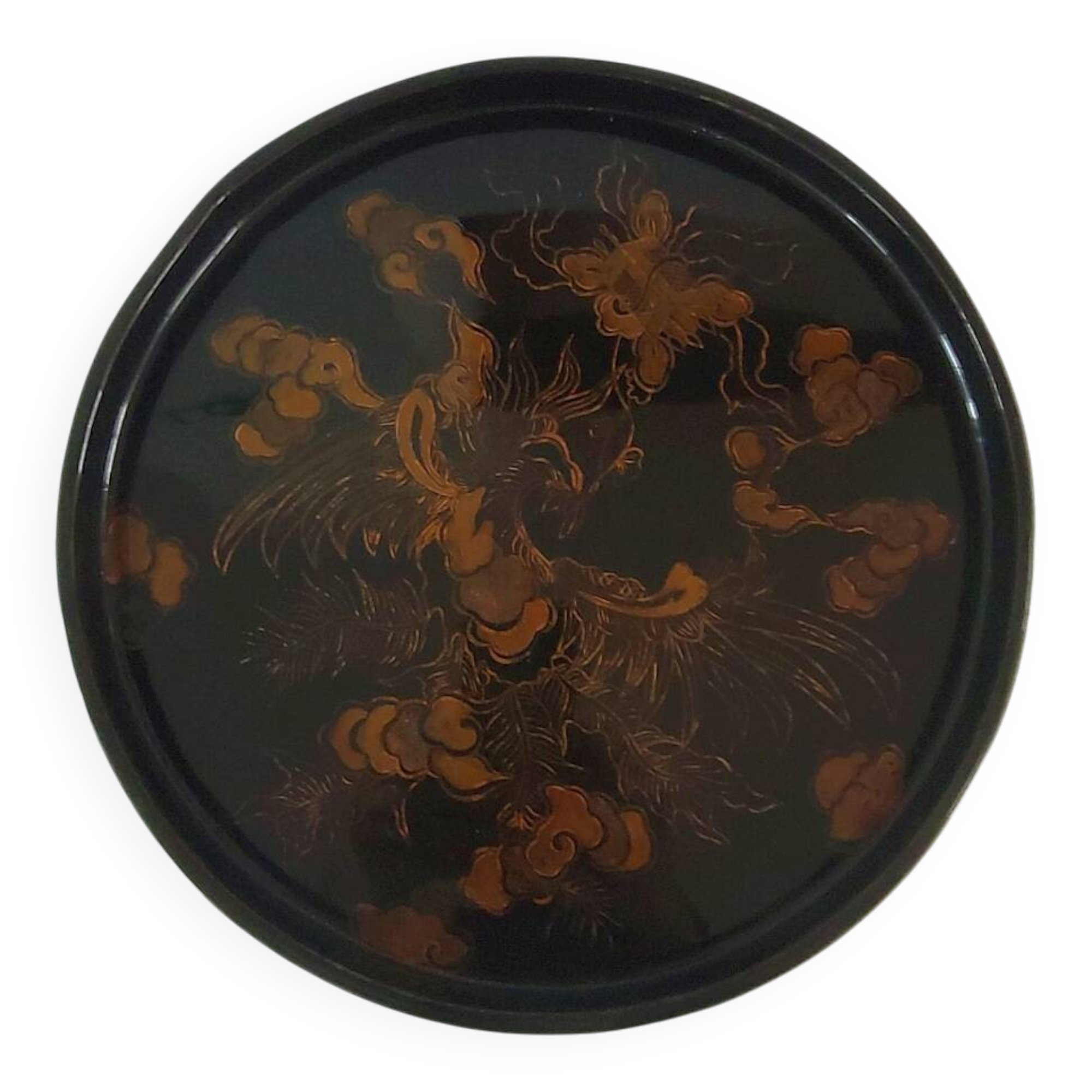 Japanese Art Round Lacquer Tray Gold Phoenix Bird Vintage