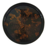 Plateau rond en laque d'art japonais doré motif phénix vintage