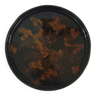 Plateau rond en laque d'art japonais doré motif phénix vintage