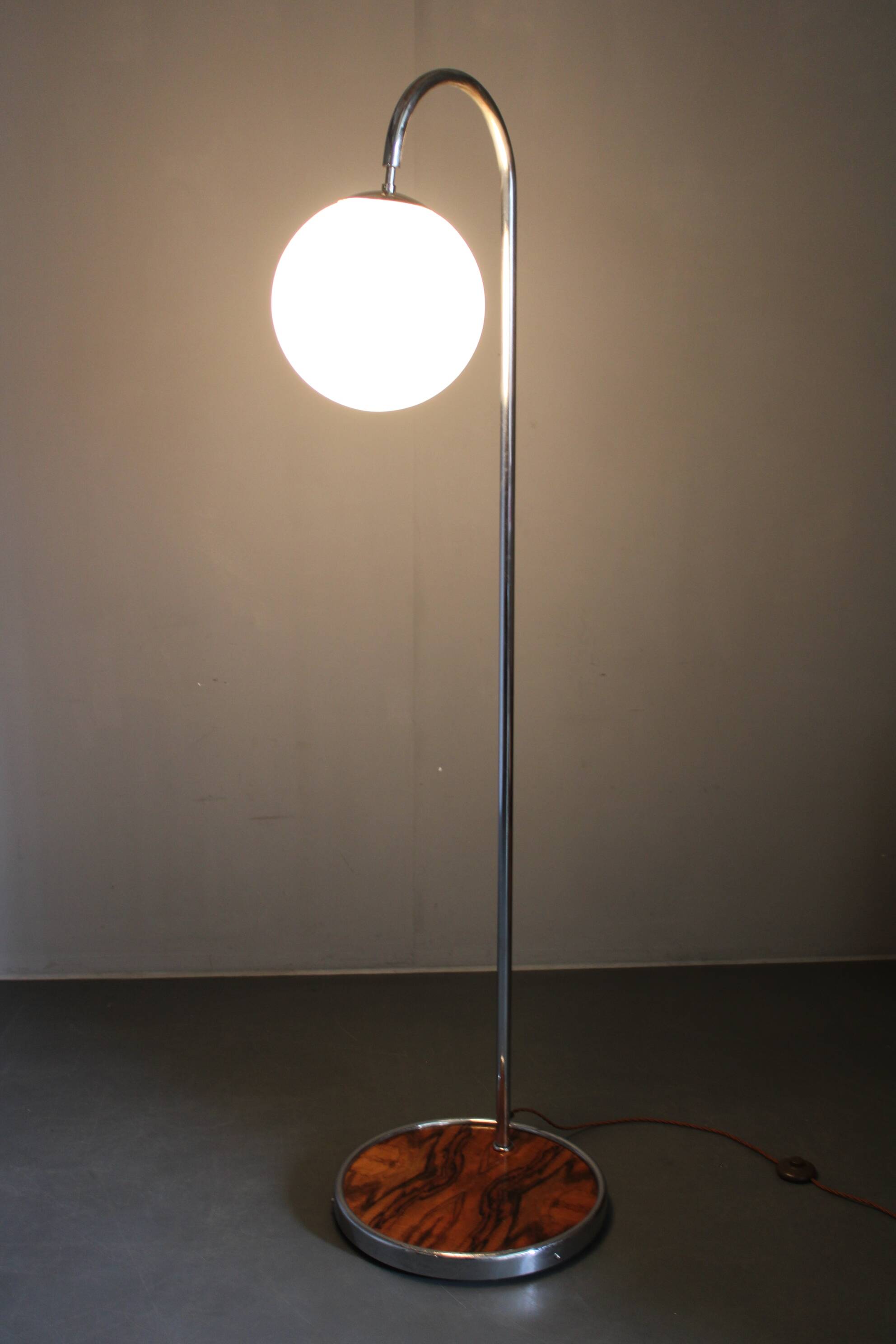 Art Deco chrome floor lamp, milk glass, walnut base, 1930s Czechoslovakia