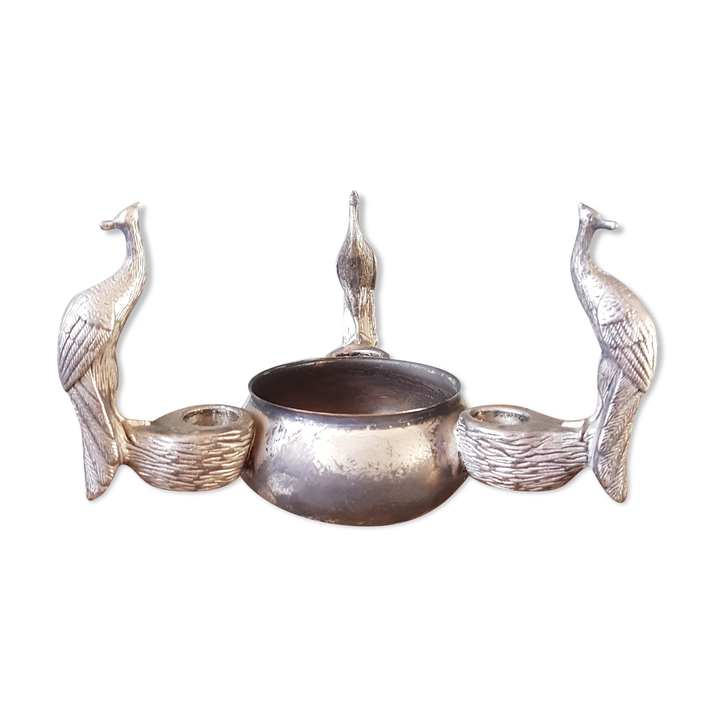 Old silver metal candlestick shelled peacocks