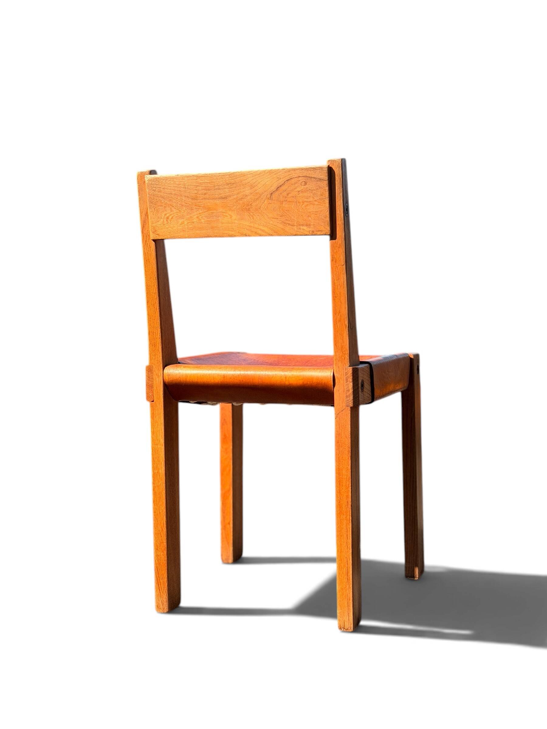 Chair S24 Pierre Chapo - Solid Elm & Cognac Leather Brutalist