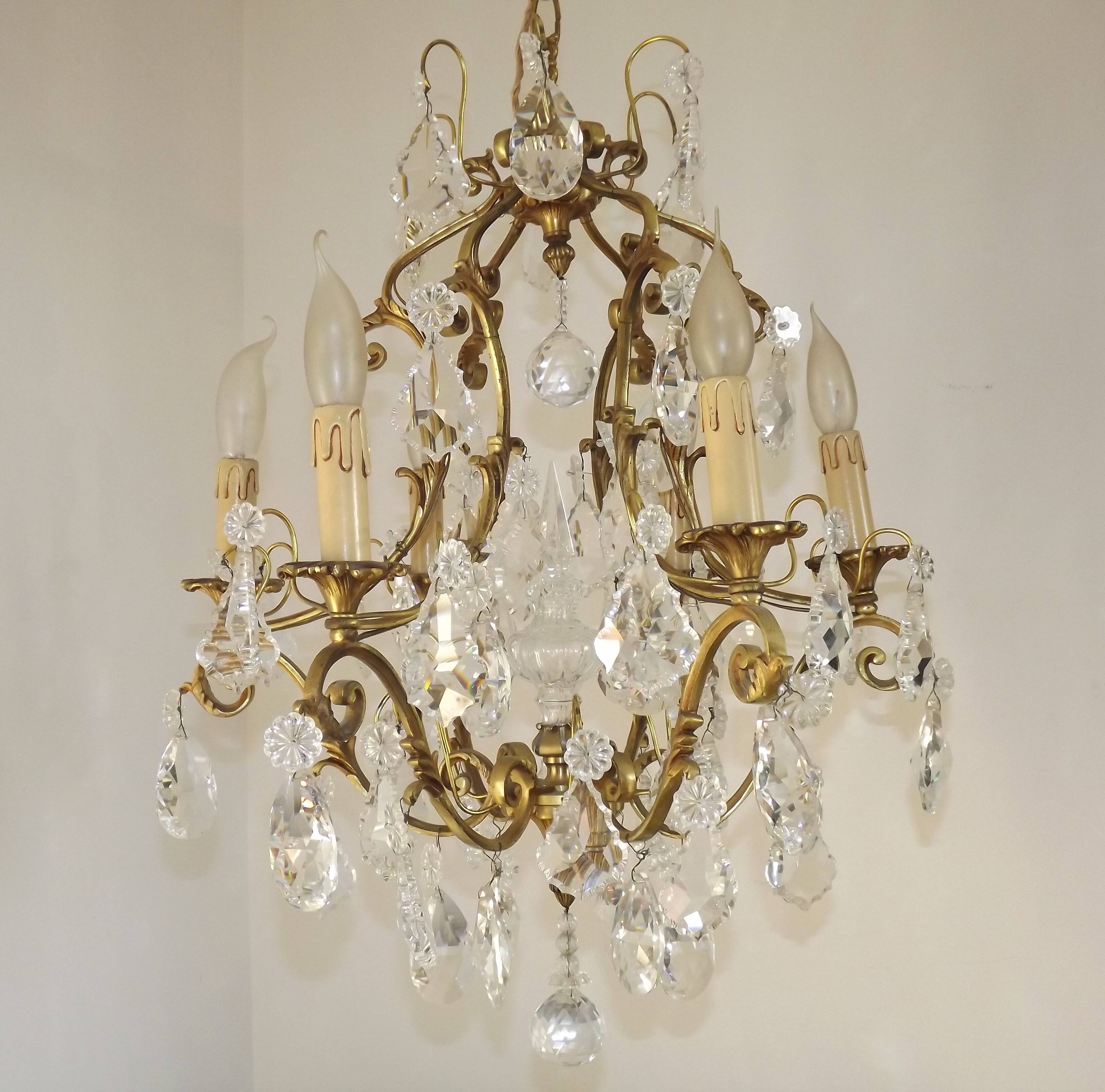 French Art Nouveau chandelier with 6 lights in bronze and crystal Acanthus 5552