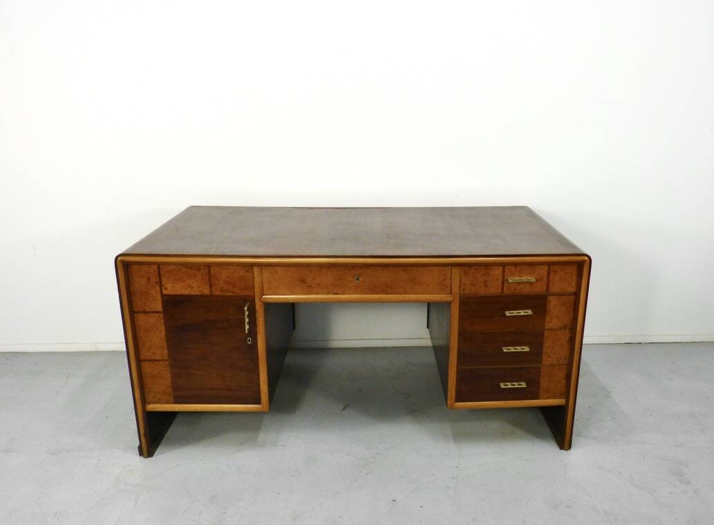 Italian Art Deco Desk In Dark Walnut And Brass.