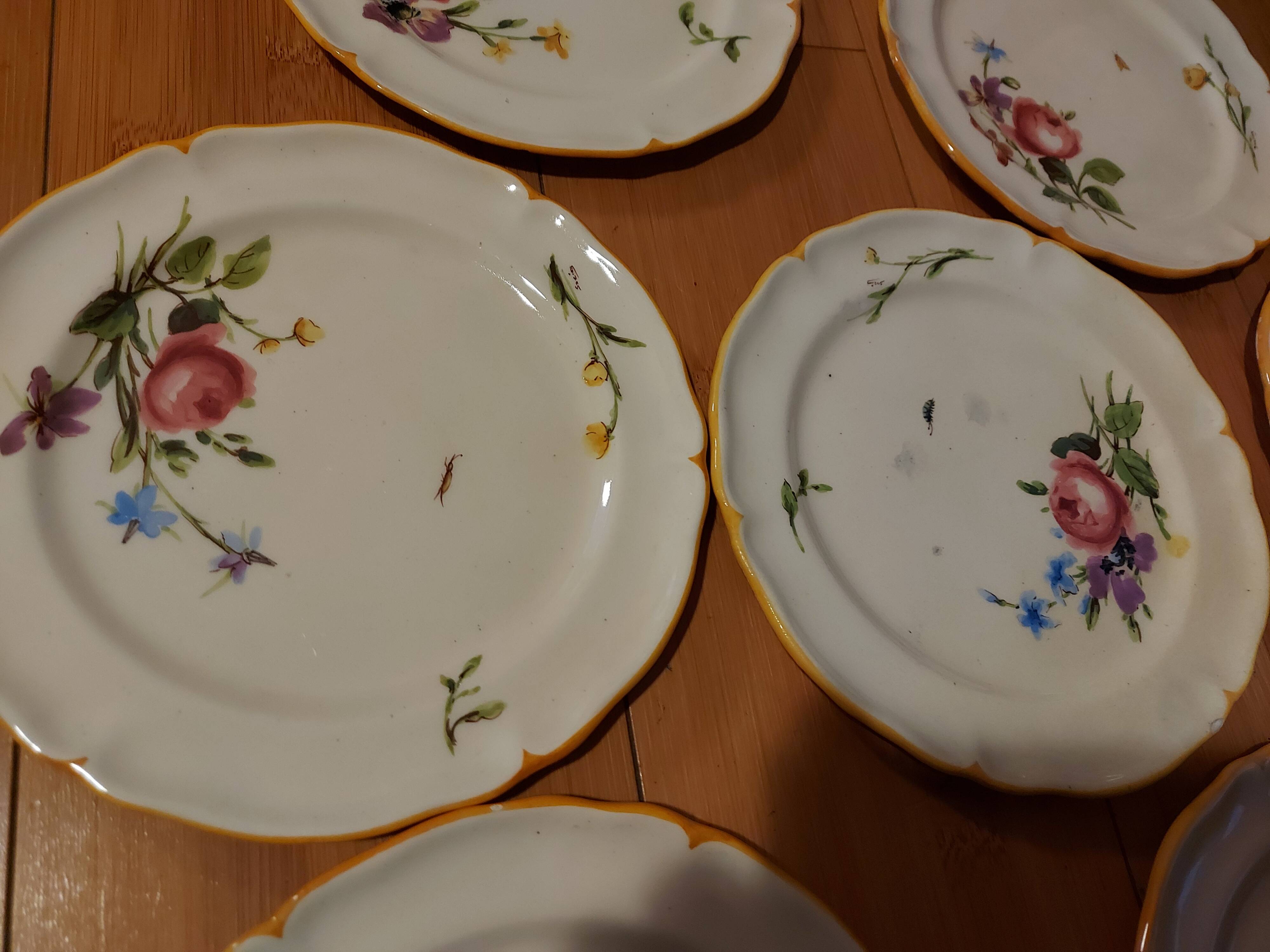 10 dessert plates painted decorated with flowers, insects (all different)