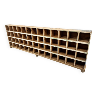 Long Vintage All-Wood Industrial Cabinet with 52 Compartments