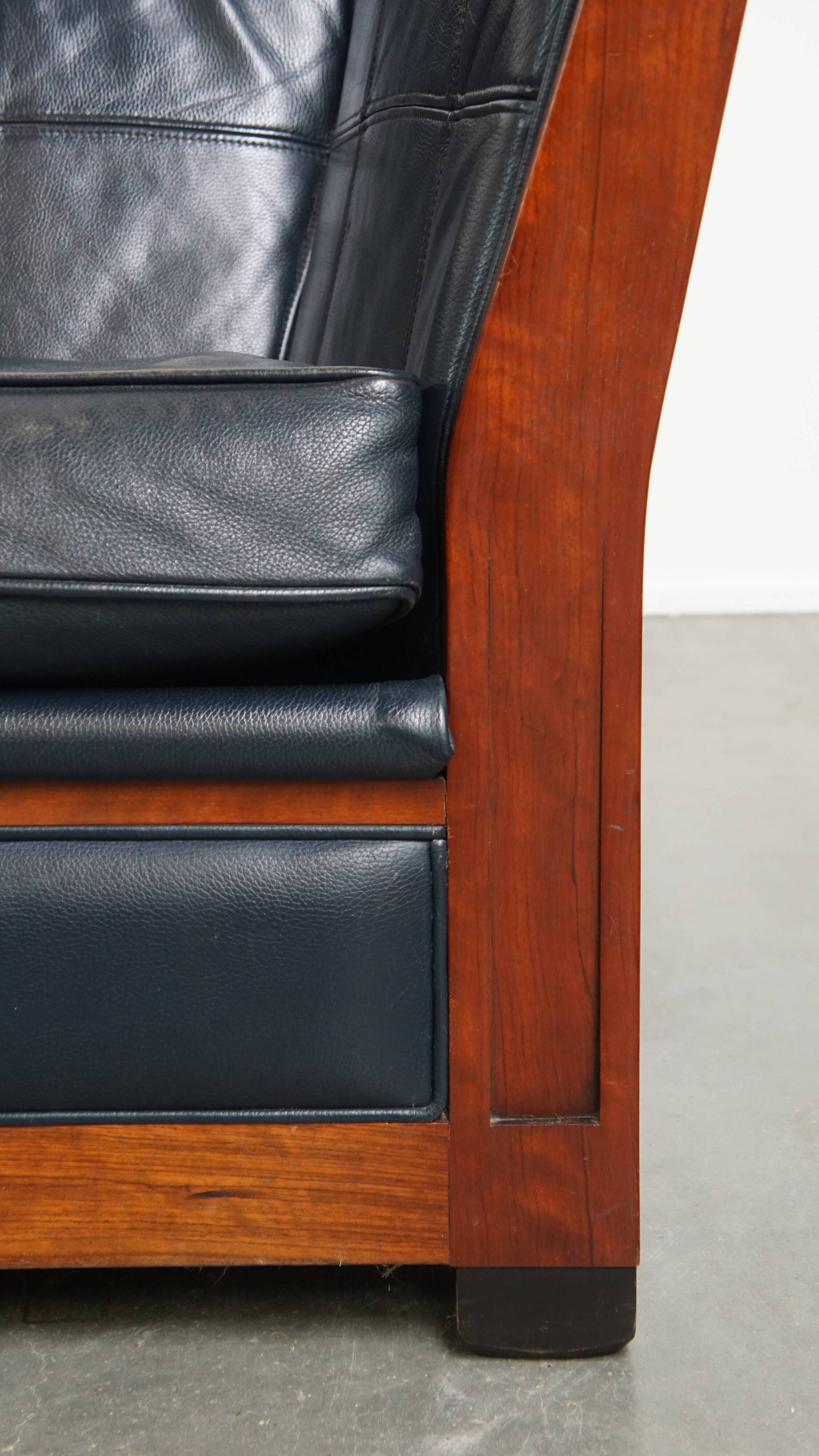 2.5-Seater Art Deco Sofa with Woodwork and Dark Blue Cowhide Leather
