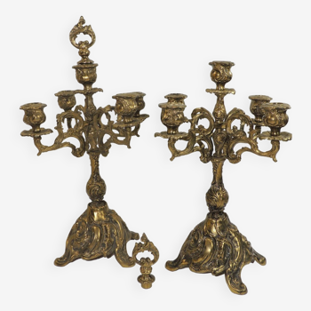 Pair of rococo bronze candelabra, louis xi style / 5 candles / vintage