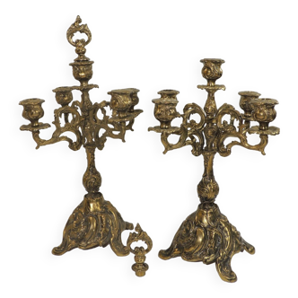 Pair of rococo bronze candelabra, louis xi style / 5 candles / vintage