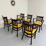 Lot de 6 chaises bistrot fauteuils en bois et simili jaune vintage année 80