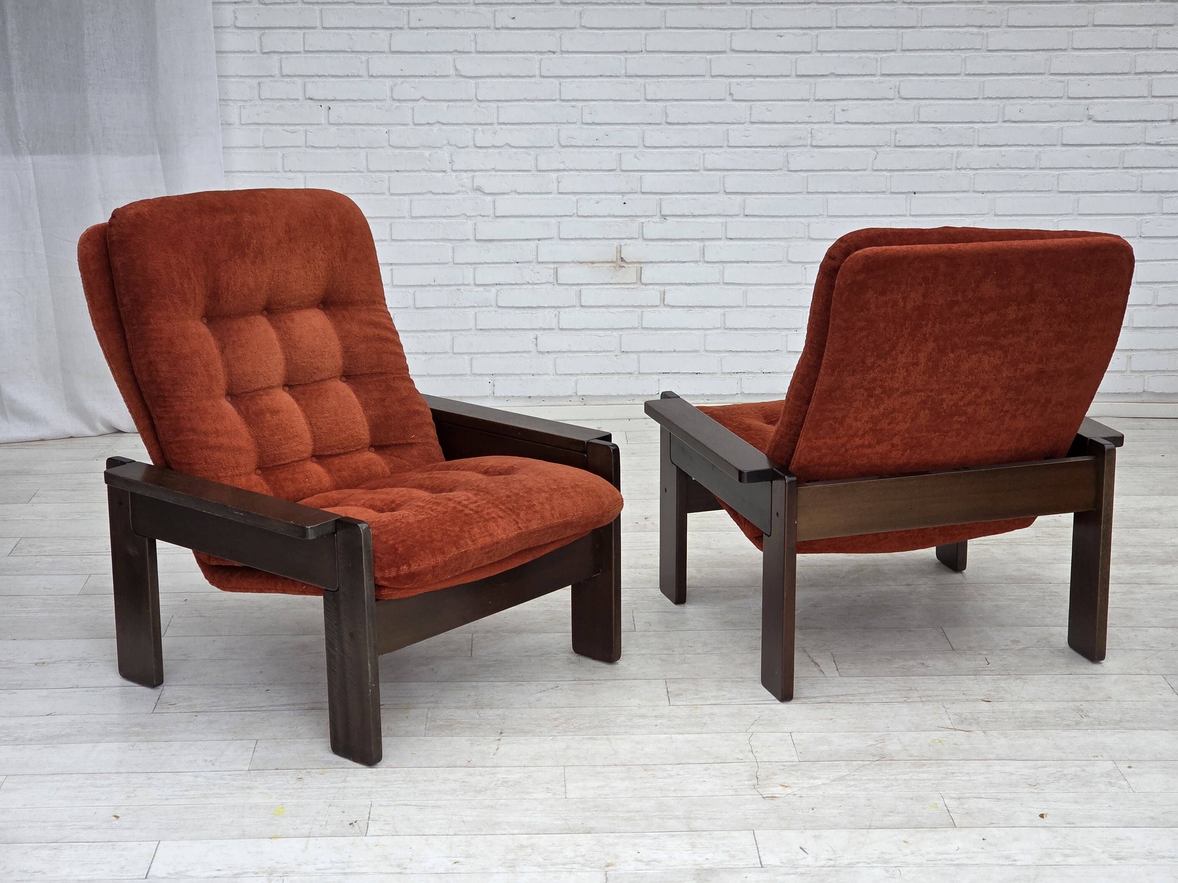 1970s, Danish armchair, orange/red furniture velour, dark oak wood.