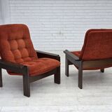 1970s, Danish armchair, orange/red furniture velour, dark oak wood.