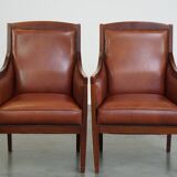 Set of 2 cognac-colored cowhide Art Deco design armchairs