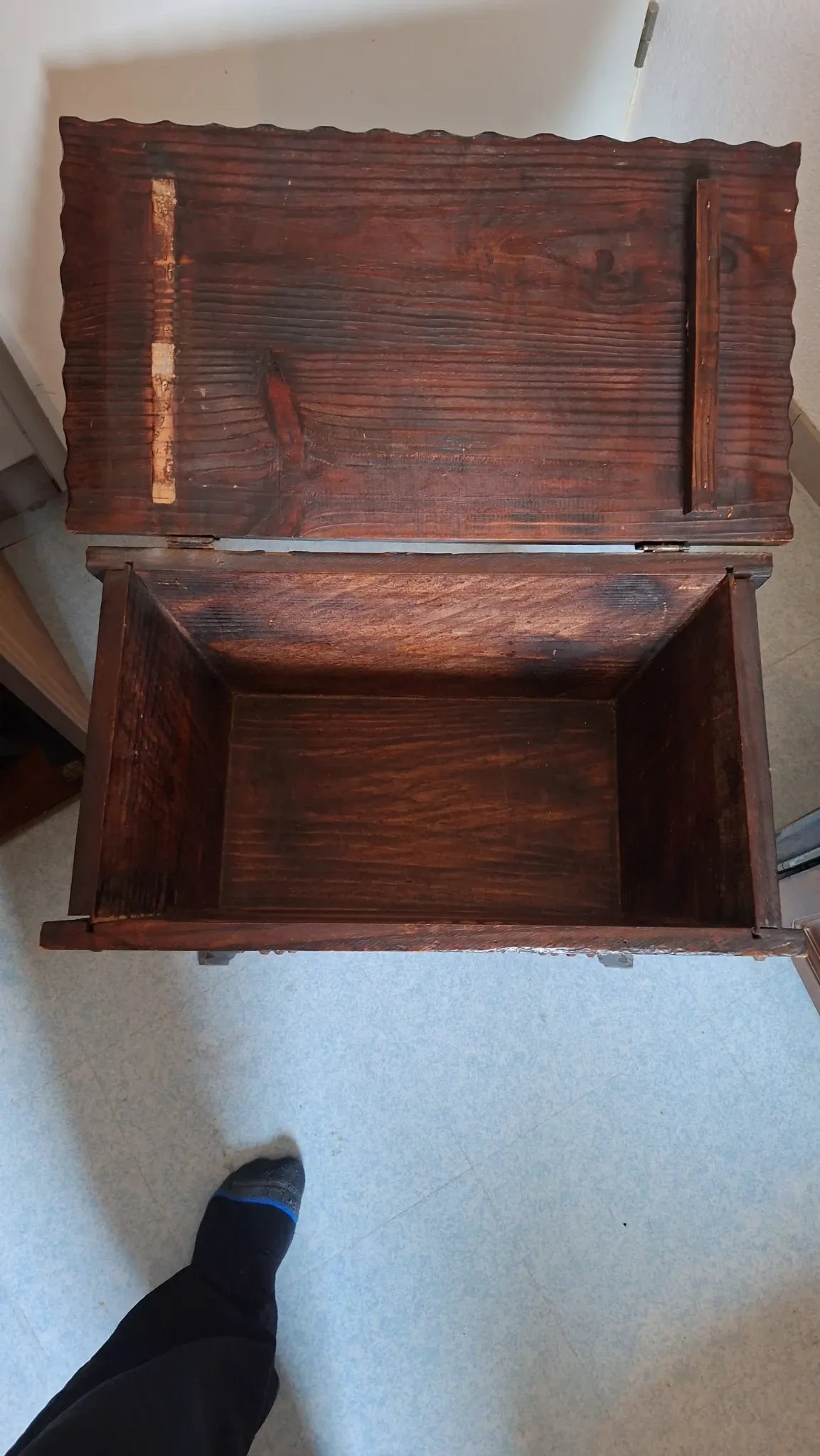 antique carved wooden bread kneader / rustic trunk chest