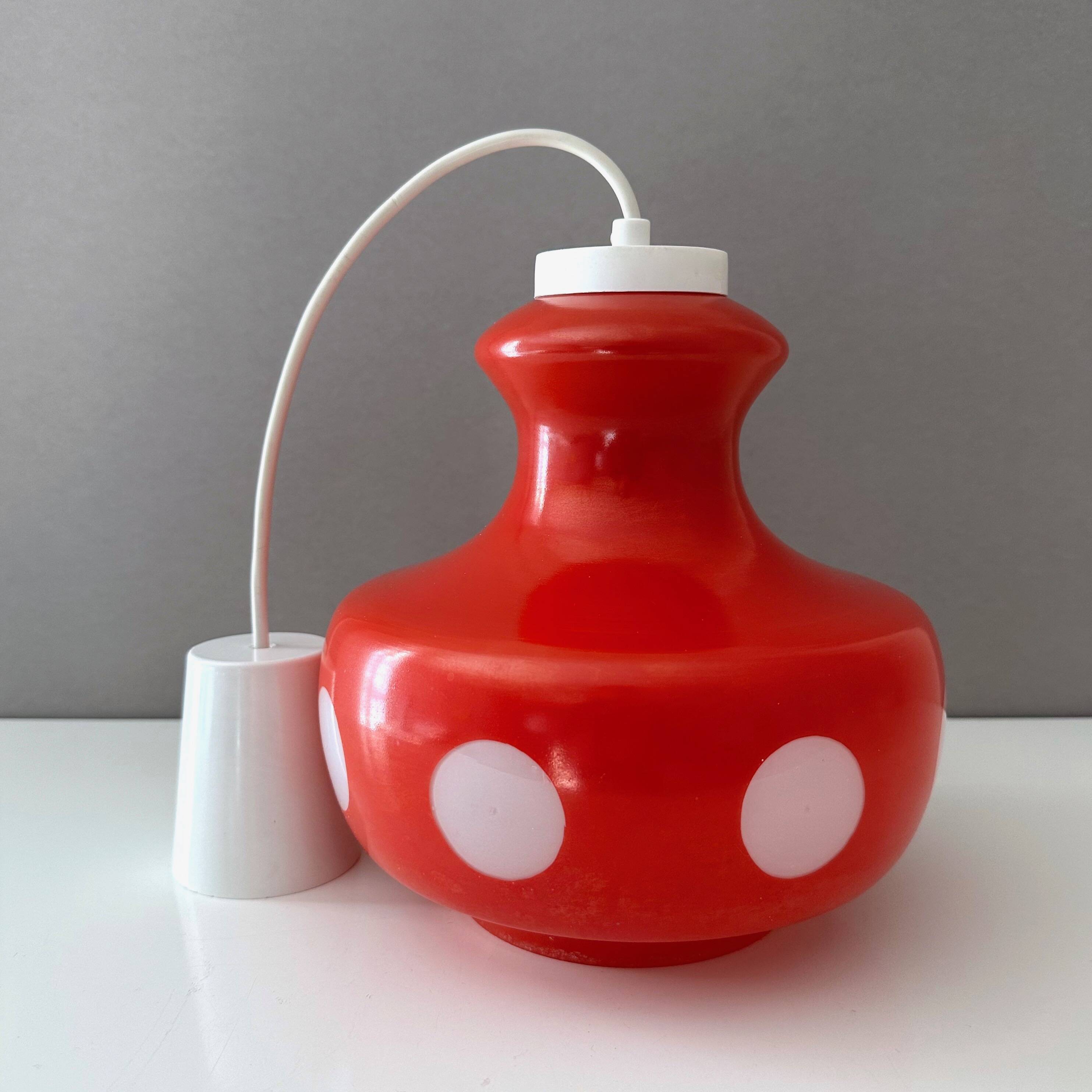 70's lamp polka dots, red glass lamp, vintage hanging lamp, children's room.