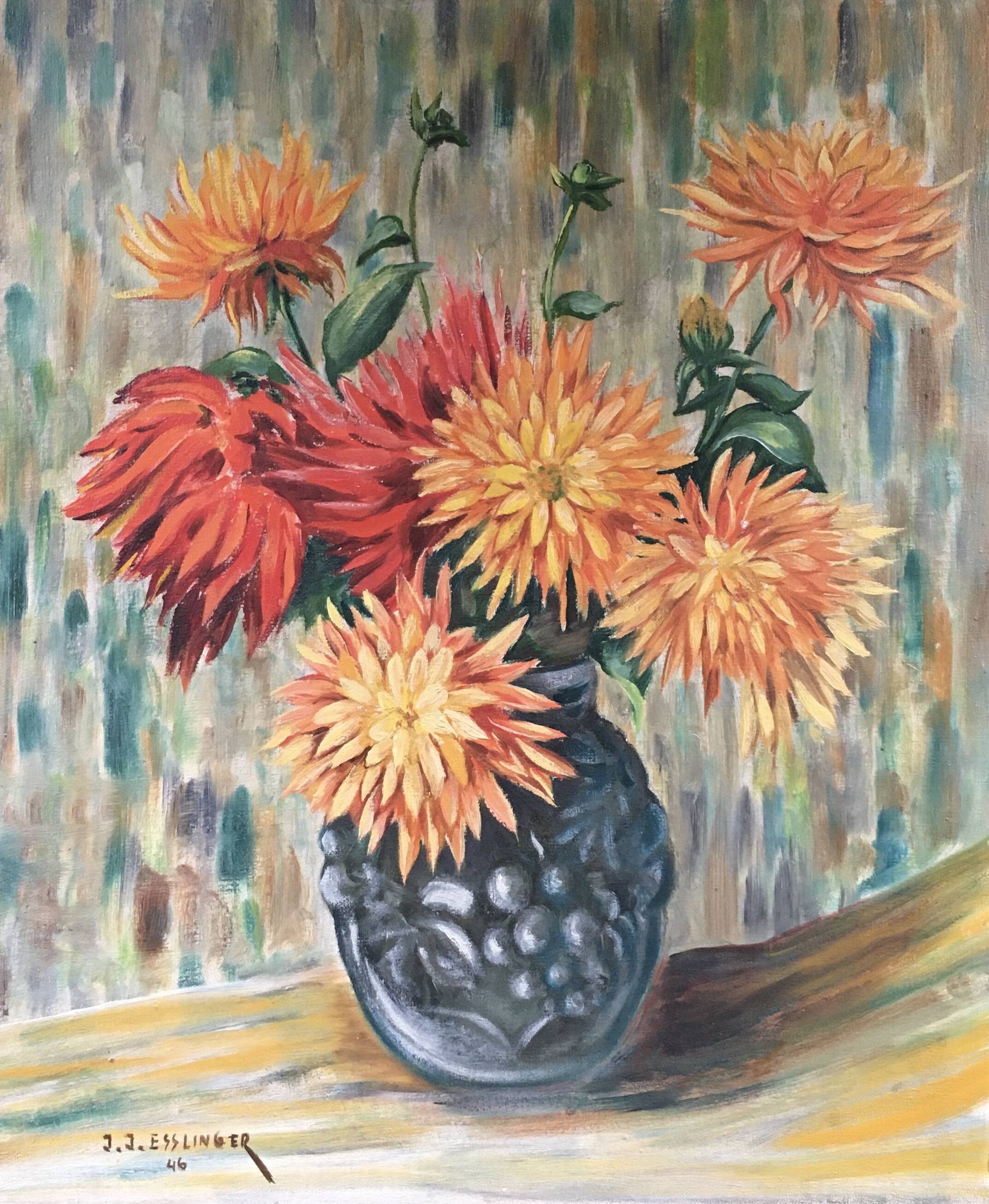 Old painting bouquet of dahlias