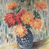 Tableau ancien bouquet de dahlias