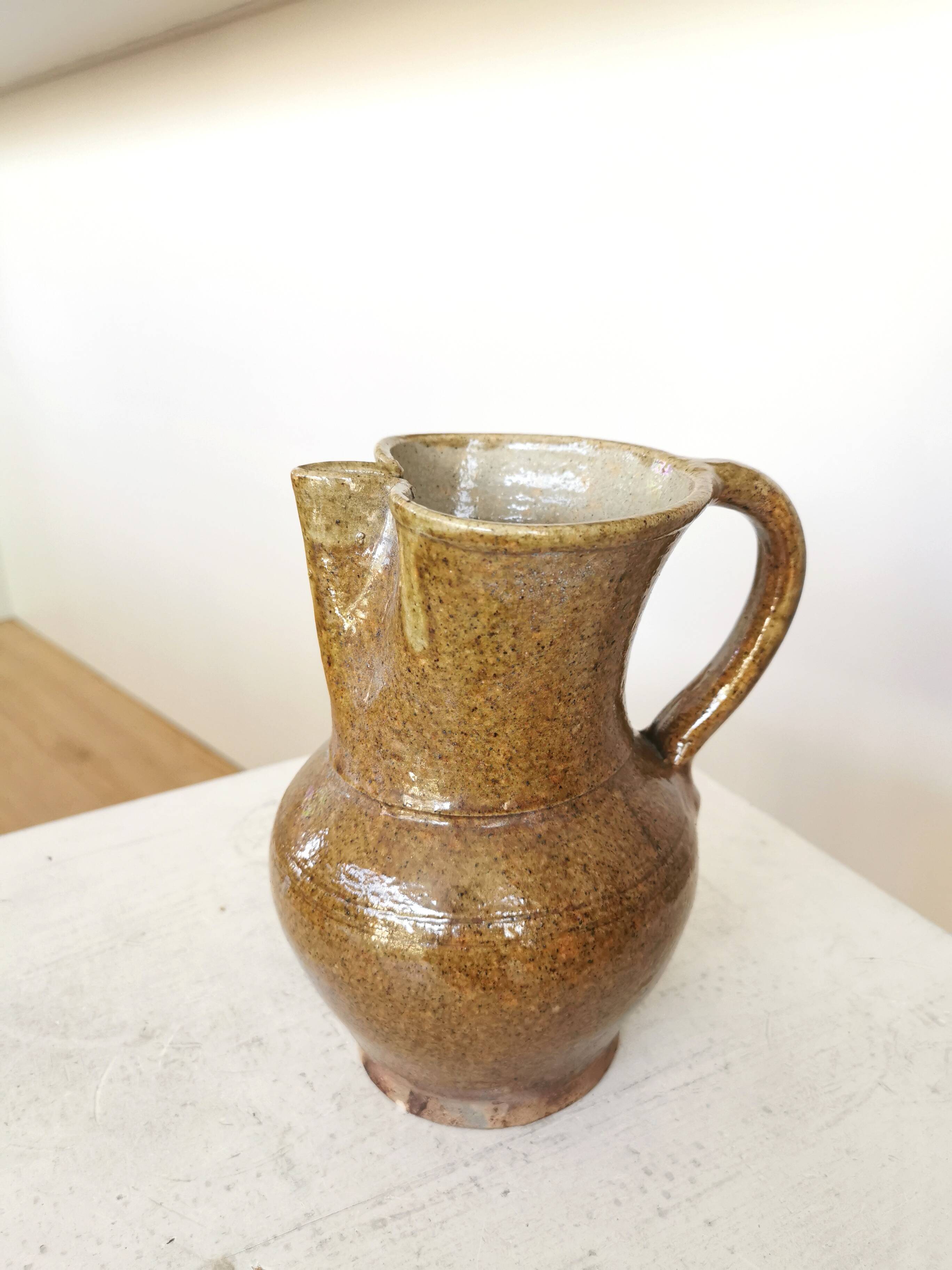 Vintage Studio Pottery Owl Pitcher: Speckled Glaze Stoneware Vase