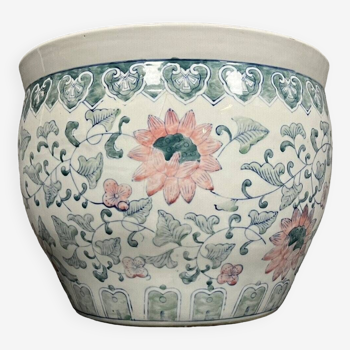 China late 19th century: porcelain pot or aquarium with white, blue, pink lotus