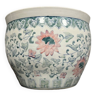 China late 19th century: porcelain pot or aquarium with white, blue, pink lotus