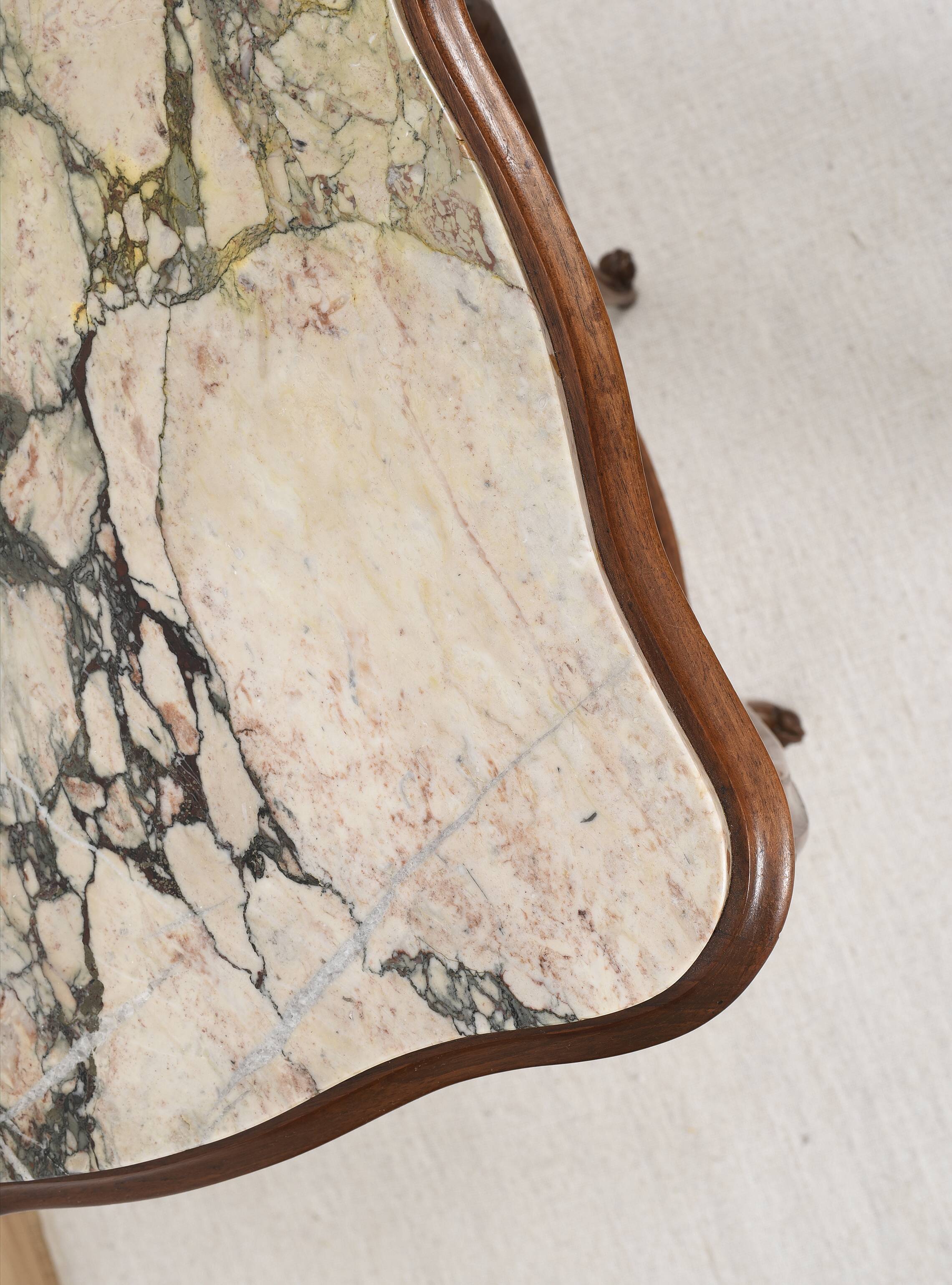 Pedestal table, old bedside table, Louis XV style, in wood and marble