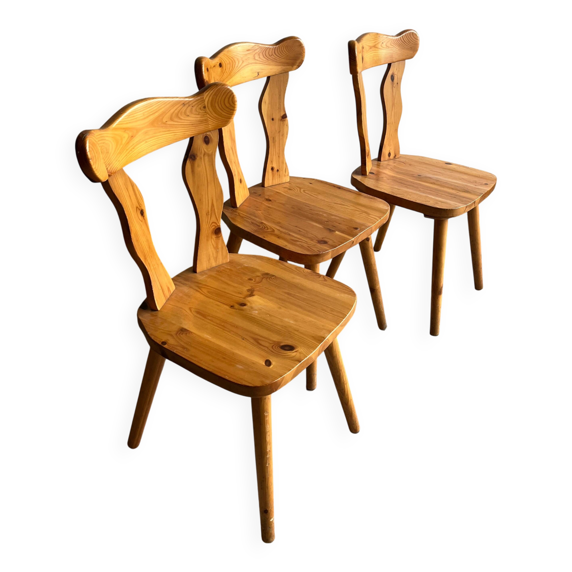Set of 3 solid pine dining chairs – 1970s