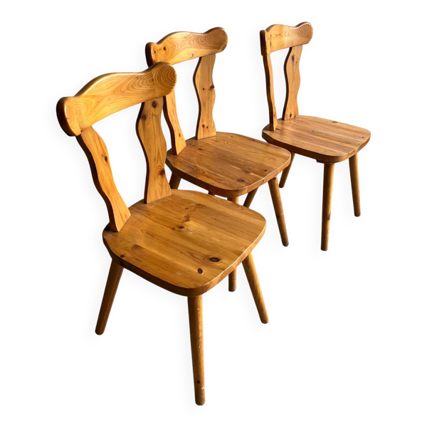 Lot de 3 chaises de salle à manger en pin massif – années 1970