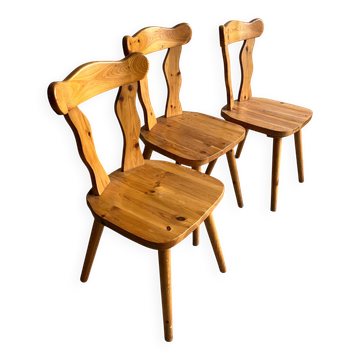 Set of 3 solid pine dining chairs – 1970s