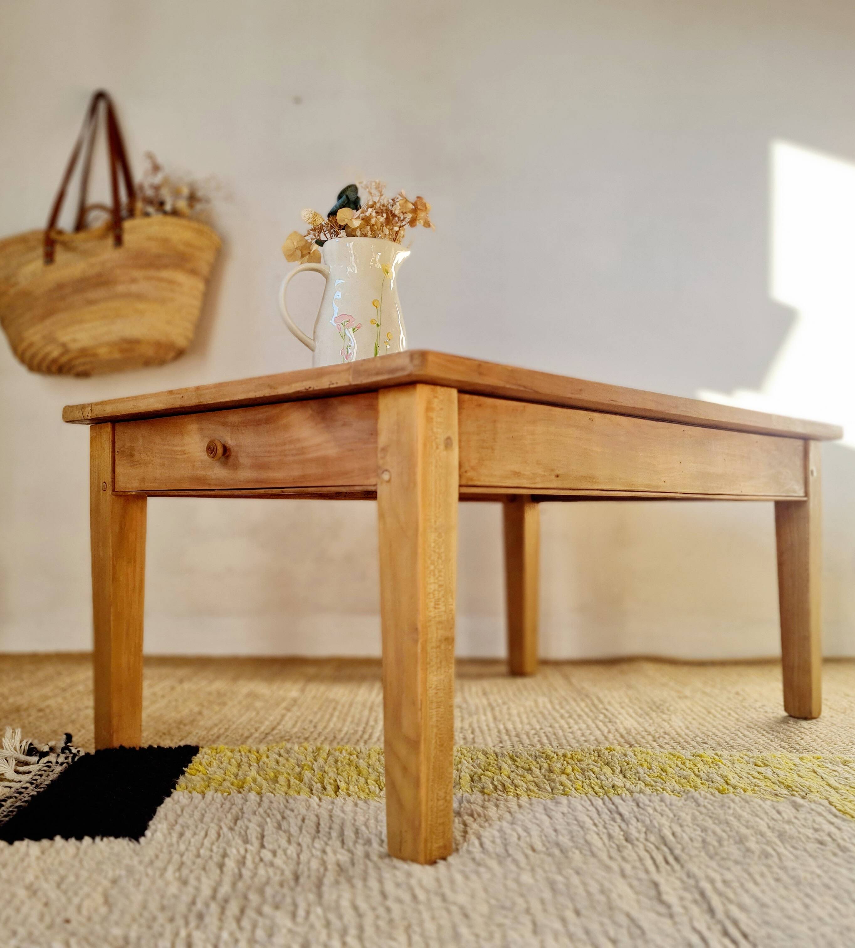 Antique wooden low farmhouse table and drawer
