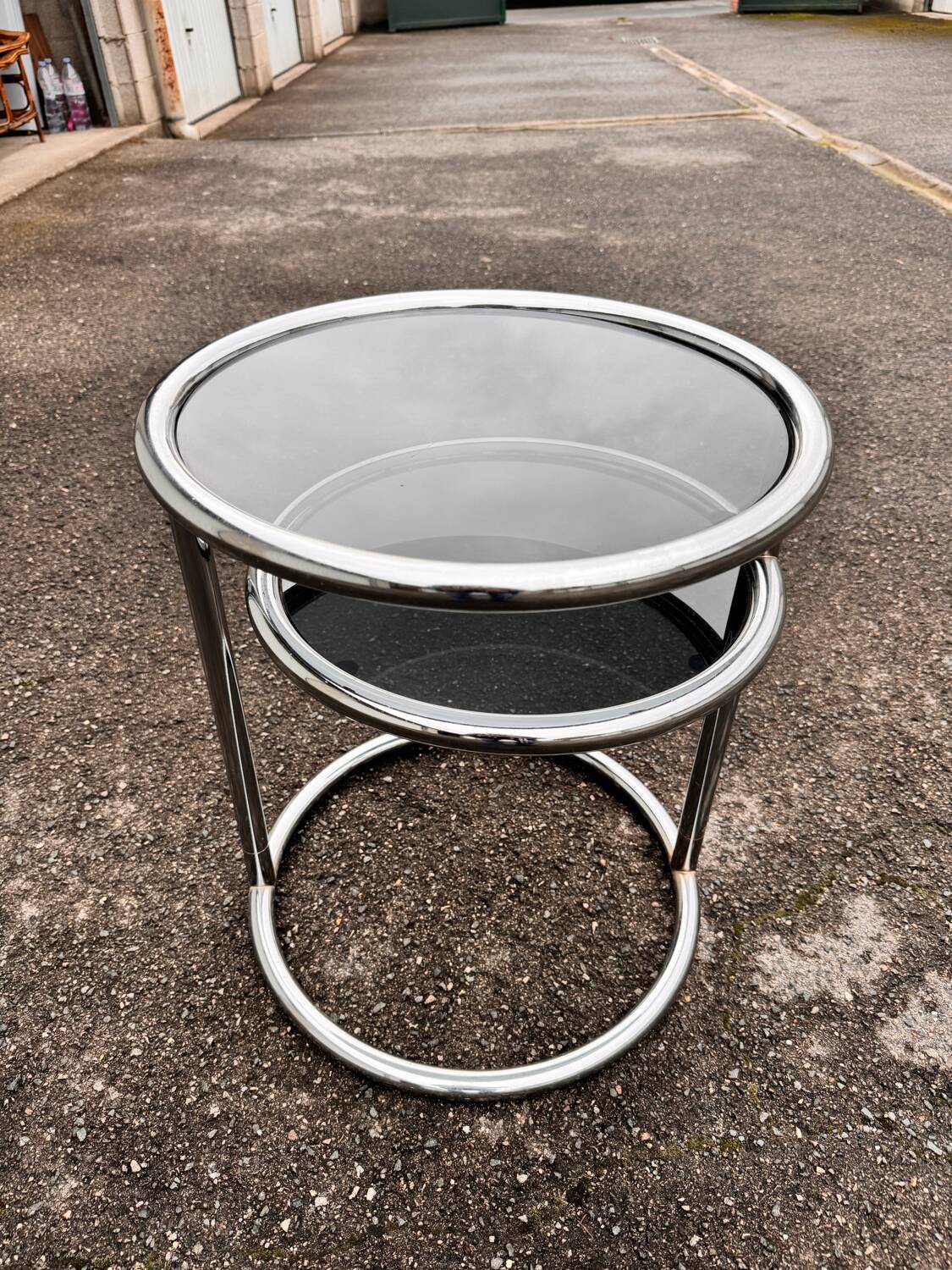 Side table with 2 shelves in chromed metal and smoked glass, circa 1970