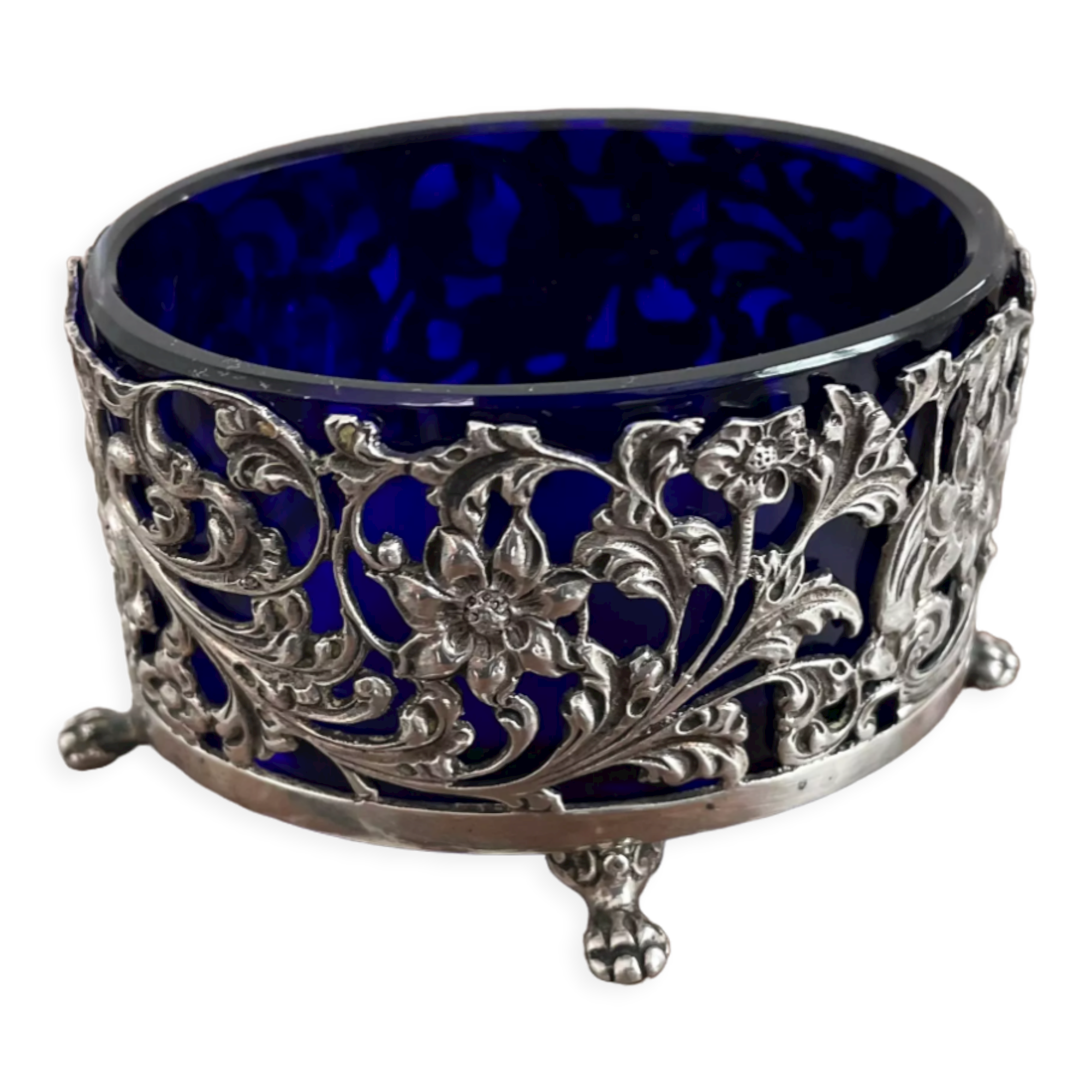 Vintage, salt shaker, saleron, metal, silver 830, indigo blue glass, eagle decoration, flowers, hallmark
