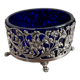 Vintage, salt shaker, saleron, metal, silver 830, indigo blue glass, eagle decoration, flowers, hallmark