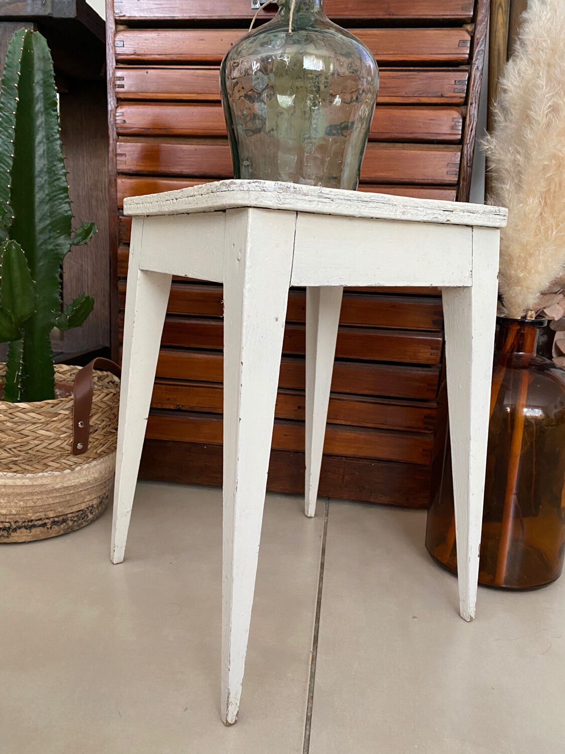 Vintage white wooden stool