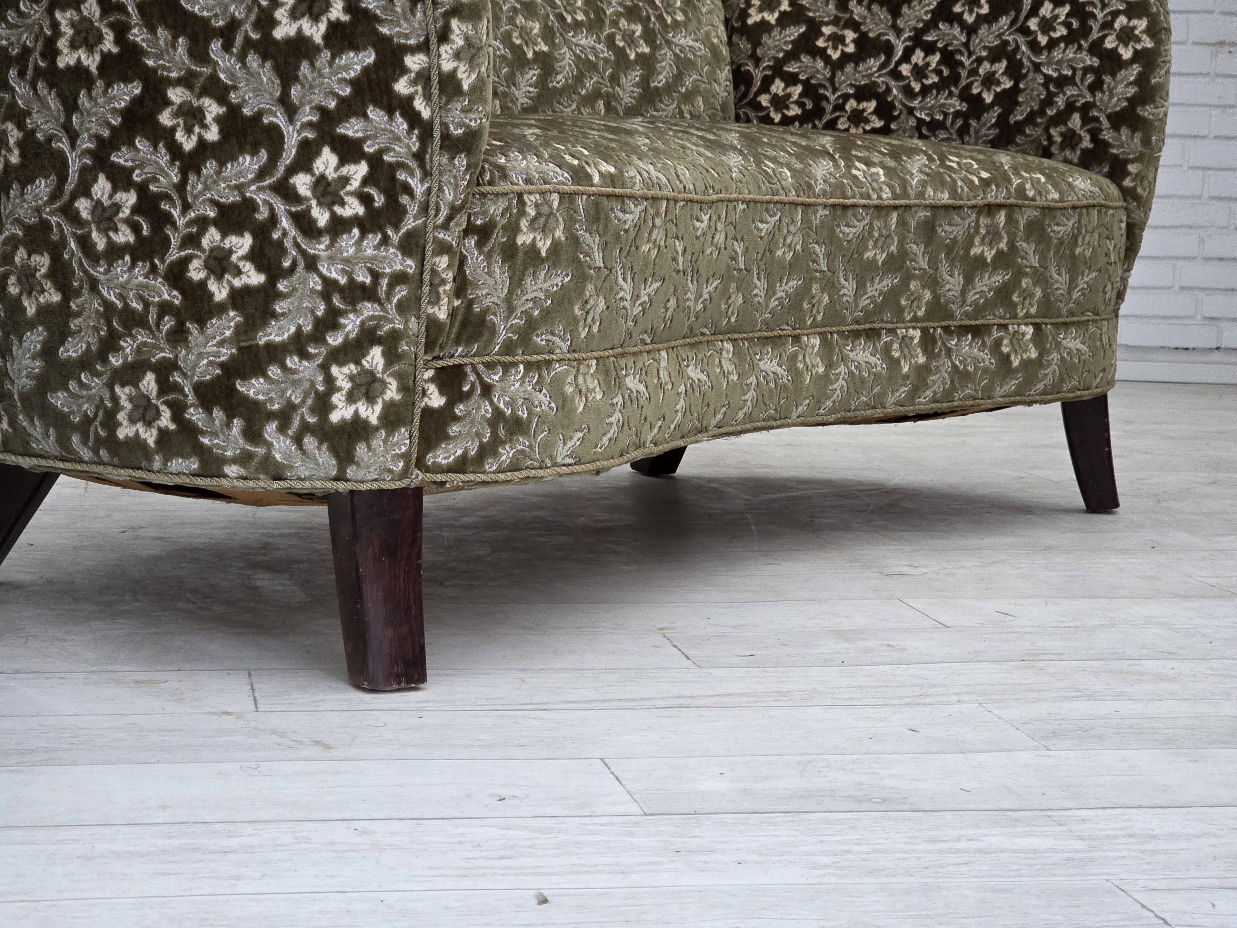 1960s, Danish curved 2-seater sofa, green furniture velour, beech wood.