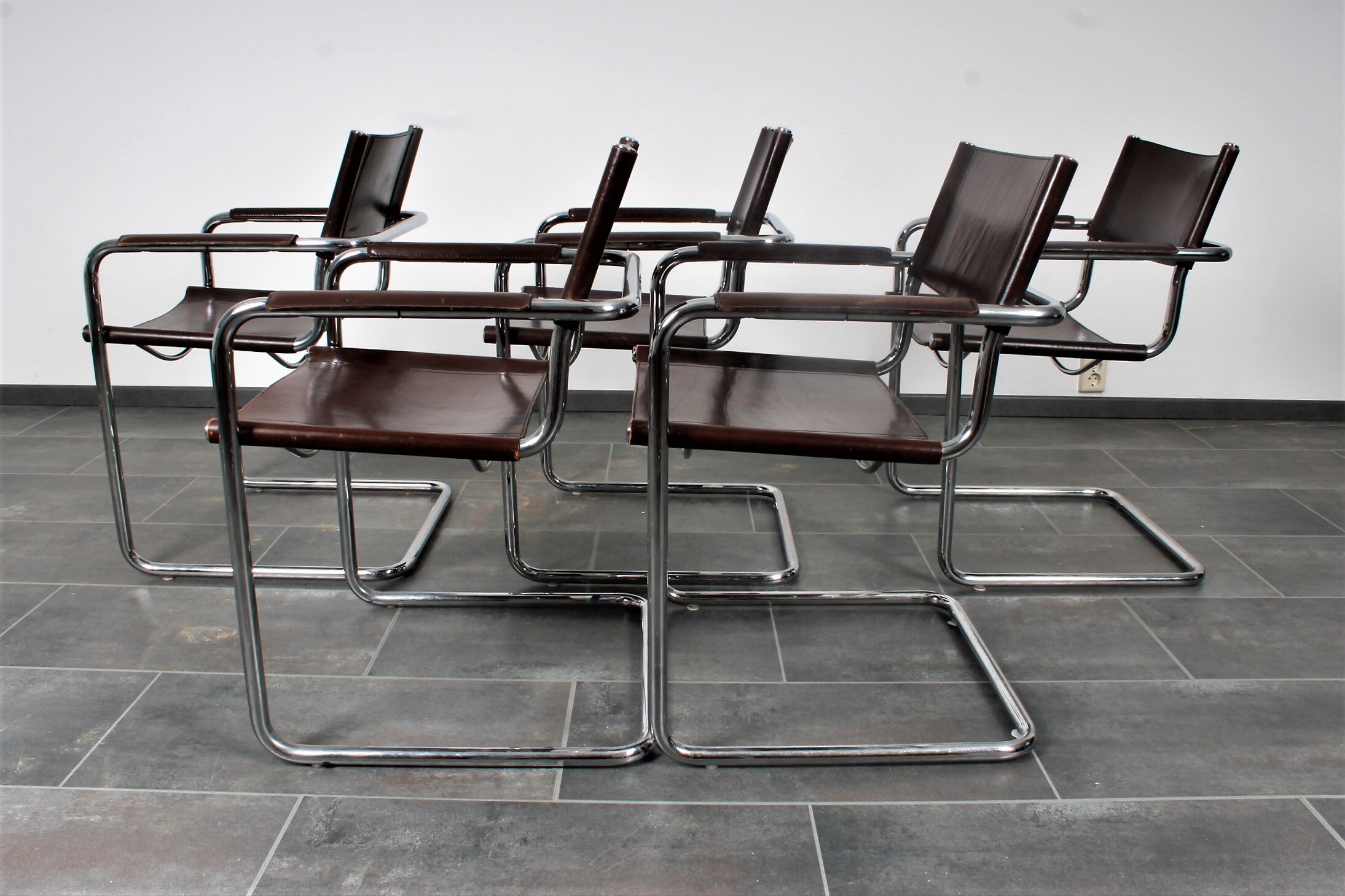 Set of 5 Cantilever MG5 chairs by Matteo Grassi in brown leather