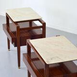 Set of 2 italian midcentury rosewood and carrara marble bedside tables