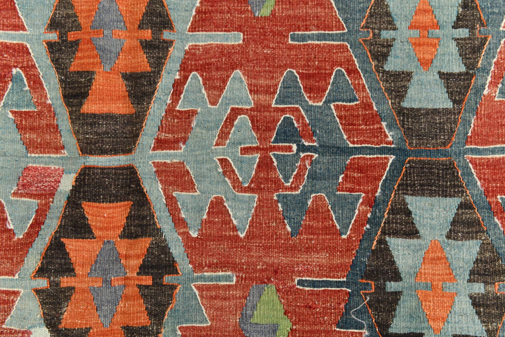 Tapis Kilim Vintage Rouge Motifs Géométriques Ethniques, 195x355 Cm