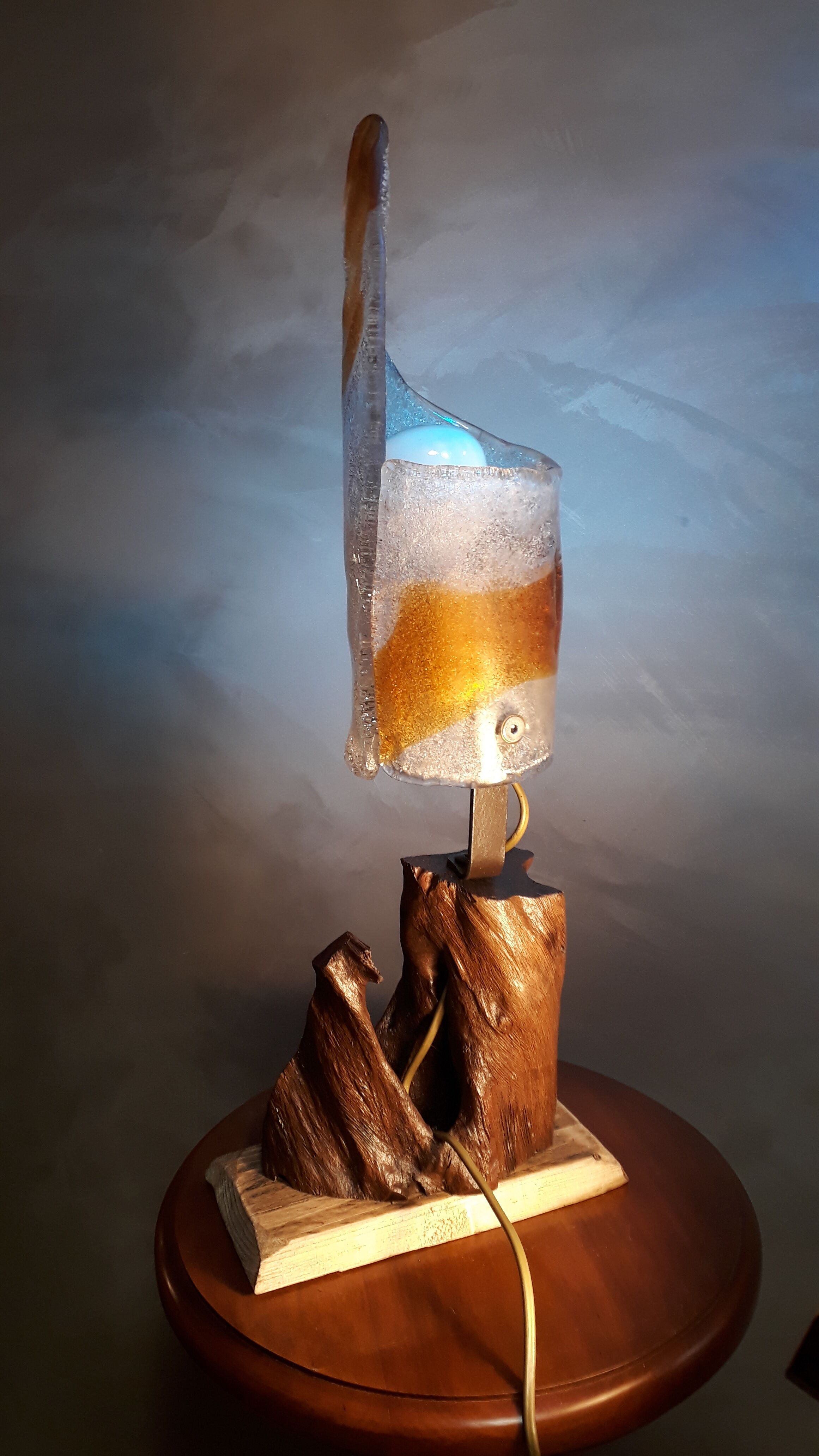 Murano glass lamp Italy 1970 foot root exotic wood