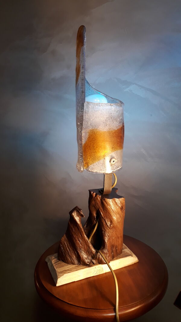 Lampe verre Murano Italie 1970  pied  racine bois exotique