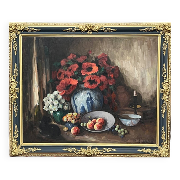 Tableau grand format. "Nature morte aux coquelicots".