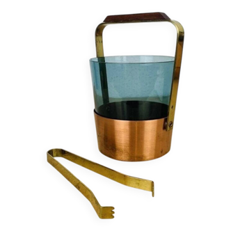 Scandinavian ice bucket in smoked glass and copper, vintage.
