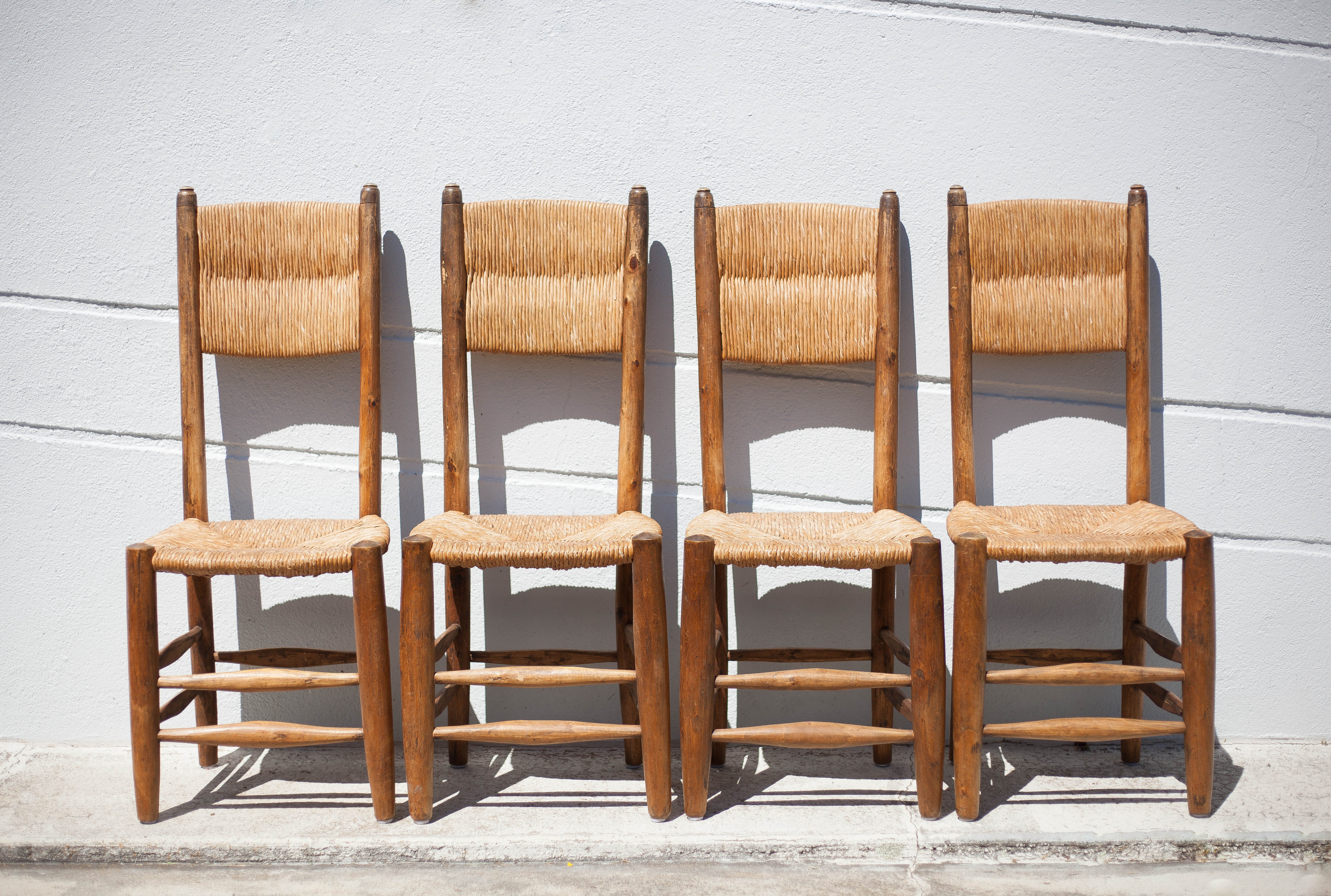 Wooden and straw chair x 4, chair with seat and straw back, chalet, countryside, decoration