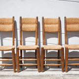 Wooden and straw chair x 4, chair with seat and straw back, chalet, countryside, decoration