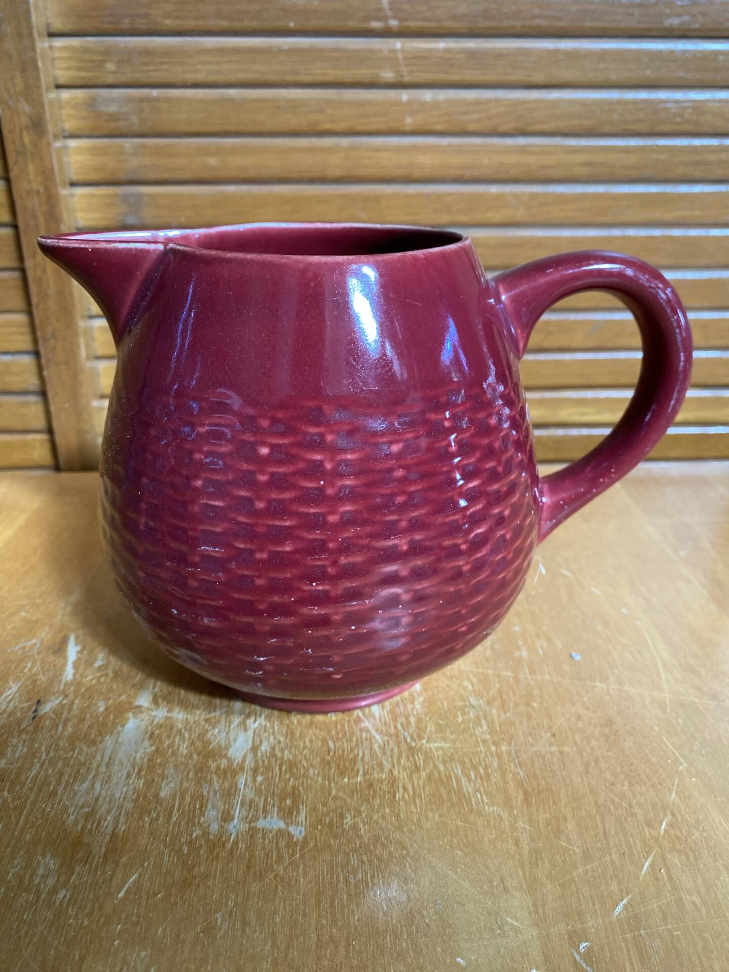 Old Red Ceramic Jug Woven Willow Style Vintage #E336