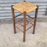 Solid wood and straw stool 1960