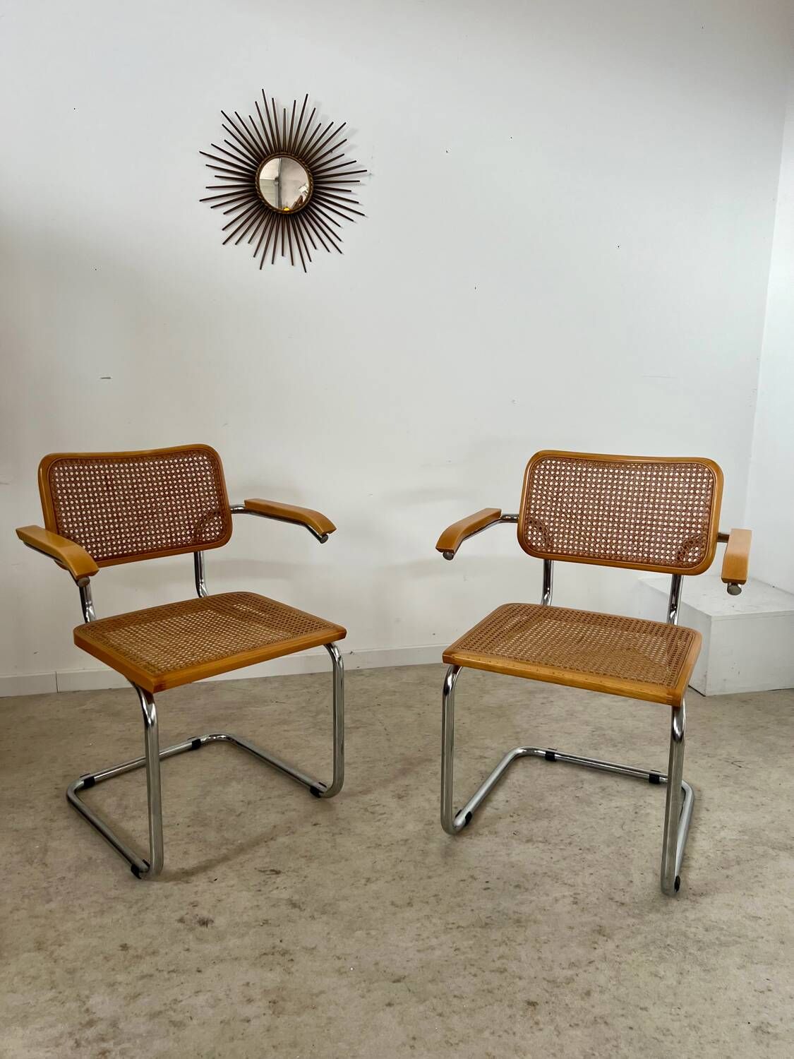 Lot 2 vintage Cesca B64 armchairs design Marcel Breuer 1970 Made in Italy light wood