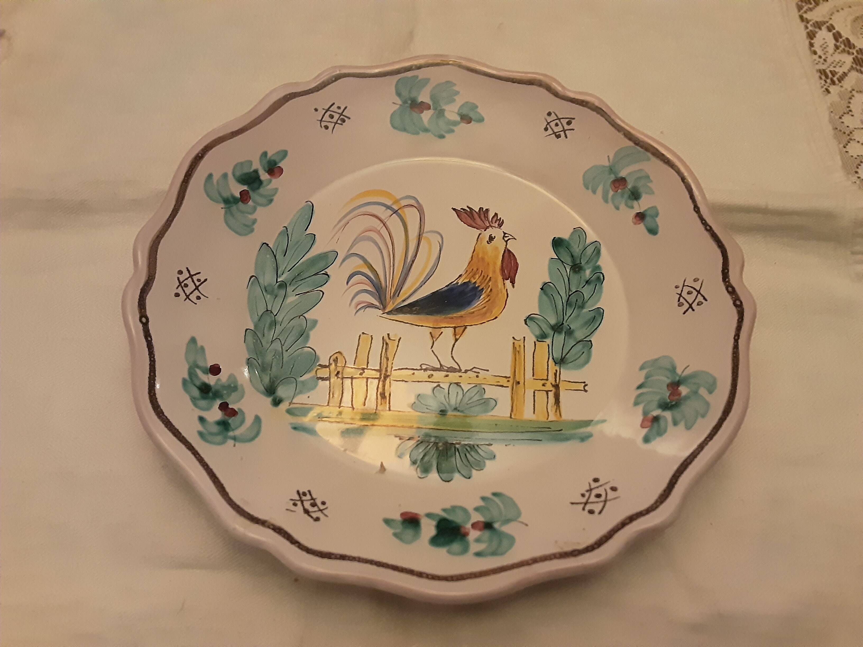 Antique faience plate with rooster pattern signed raynal duvernoy